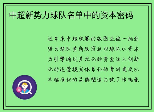 中超新势力球队名单中的资本密码