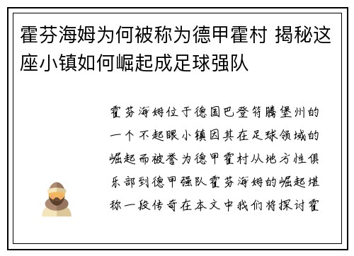 霍芬海姆为何被称为德甲霍村 揭秘这座小镇如何崛起成足球强队